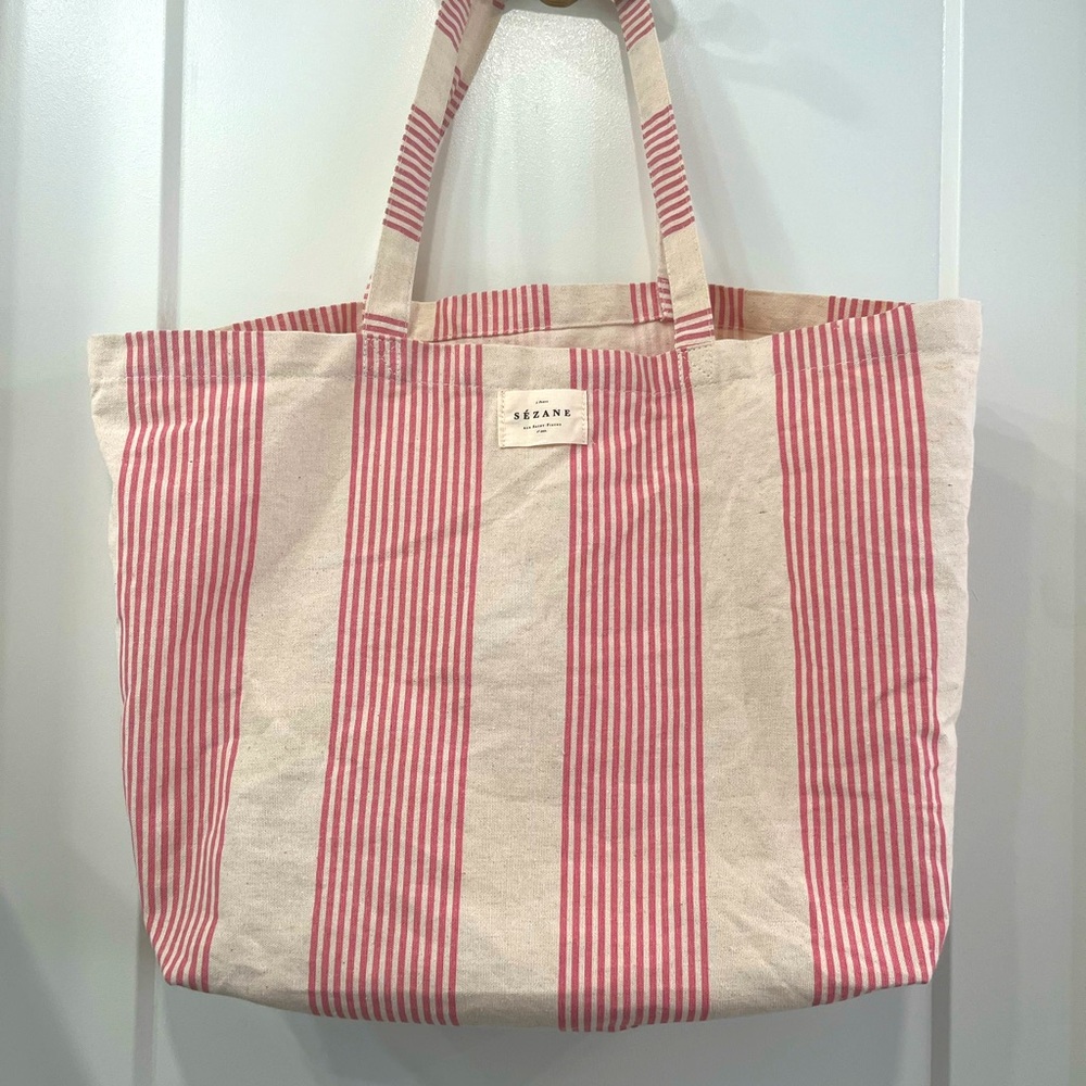 Sezane pink stripe tote